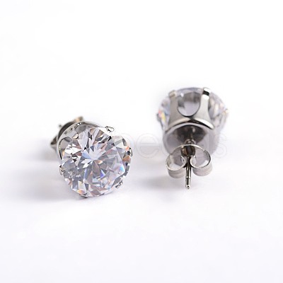 Flat Round 304 Stainless Steel Cubic Zirconia Stud Earrings X-EJEW-H306-38-5mm-1