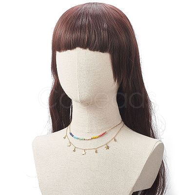 Brass Star Charms Double Layer Necklace with Colorful Glass Beaded for Women NJEW-TA00050-1