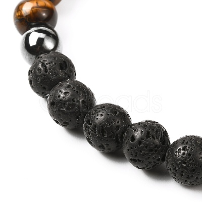 Natural Tiger Eye & Lava Rock & Synthetic Hematitie Beads Stretch Bracelet Set BJEW-JB07030-1