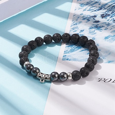 Natural Lava Rock & Synthetic Hematite Stretch Bracelet with Alloy Tube Beaded BJEW-JB08319-02-1