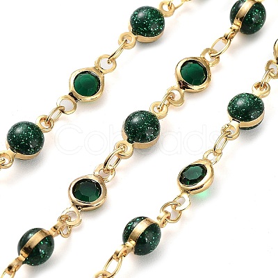 Handmade Green Glass Flat Round & Round Link Chains KK-F871-55G-1