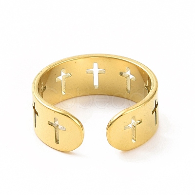 Ion Plating(IP) 304 Stainless Steel Hollow Out Cross Open Cuff Ring for Women RJEW-C053-02G-1