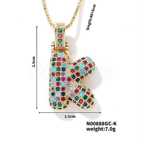 Brass Pave Colorful Cubic Zirconia Letter Pendant Box Chain Necklaces NU0575-11-1