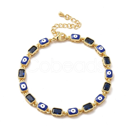 Enamel Evil Eye & Cubic Zirconia Rectangle Link Chain Bracelet BJEW-C029-02G-11-1