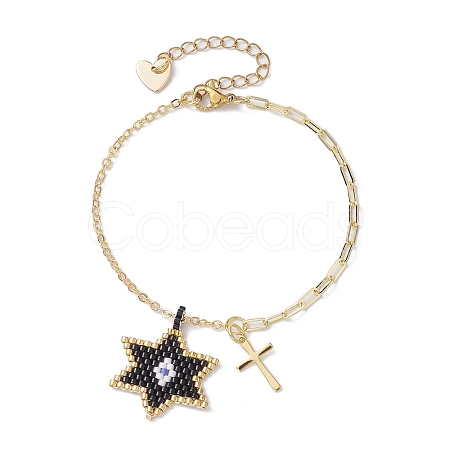 Glass Seed Star & Brass Cross Charm Bracelets BJEW-MZ00044-1