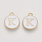 Golden Plated Alloy Charms, Cadmium Free & Lead Free, with Enamel, Enamelled Sequins, Flat Round with Letter, White, Letter.K, 14x12x2mm, Hole: 1.5mm