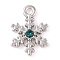 Alloy with Rhinestone Pendants, Snowflake, Platinum, Green, 13x9.5x2.5mm, Hole: 1.2mm