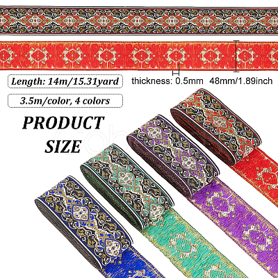 FINGERINSPIRE 14M 4 Colors Ethnic Style Embroidery Polyester Ribbons OCOR-FG0001-48-1