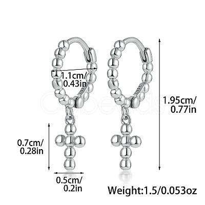 Anti-Tarnish Rhodium Plated 925 Sterling Silver Cross Dangle Hoop Earrings HE1465-2-1