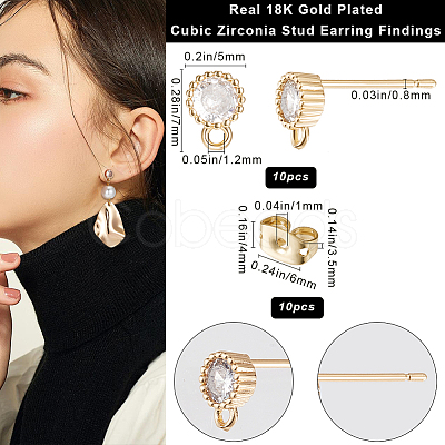 Beebeecraft 10Pcs Flat Round Brass Cubic Zirconia Stud Earring Findings KK-BBC0012-73-1