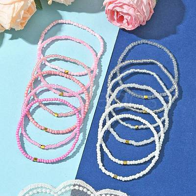 Pink Color Palette Gradient Color Glass Seed Beaded Stretch Bracelet Sets BJEW-MZ00102-01-1