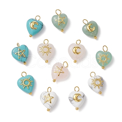 Mixed Stone Heart Charms with Golden Tone Metal Sun Moon Star Slices PALLOY-JF02763-1