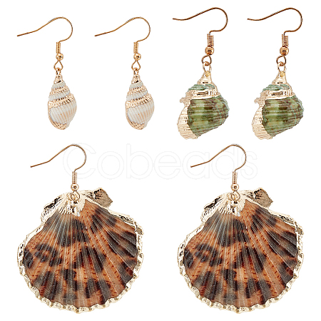 ANATTASOUL 3 Pairs 3 Styles Natural Shell Dangle Earrings EJEW-AN0002-76-1