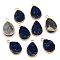 Electroplate Natural Druzy Crystal Charms, with Golden Tone Brass Findings, teardrop, Dyed, Midnight Blue, 18x12x3~5mm, Hole: 2mm