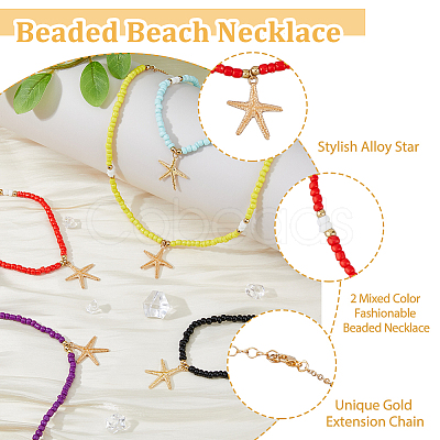 FIBLOOM 5Pcs 5 Colors Alloy Starfish Pendant Necklaces Set with Glass Beaded Chains NJEW-FI0001-39-1