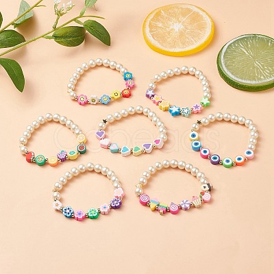 7Pcs 7 Style Star & Smiling Face & Flower Polymer Clay Stretch Bracelets Set with Glass Pearl Beaded BJEW-JB08786-1