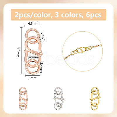 GOMAKERER 6Pcs 3 Colors 925 Sterling Silver S-Hook Clasps FIND-GO0001-44B-1