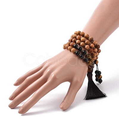 Wood & Tiger Eye Beads Wrap Necklaces NJEW-JN04135-1