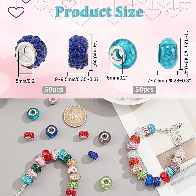 Nbeads 100Pcs 2 Style Polymer Clay Rhinestone & Resin European Large Hole Beads with Silver Color Plated Brass Cores FPDL-NB0001-04-1