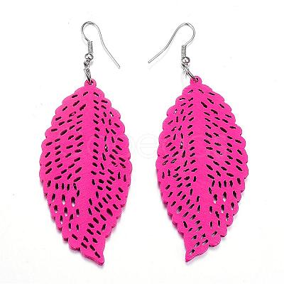 Trendy Leaf Wood Dangle Earrings EJEW-F062-D-1