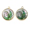 Alloy Pave Shell Flat Round Pendants, Lily Of The Valley Charms with Epoxy Resin, Golden, Green, 21x18x3mm, Hole: 1.6mm