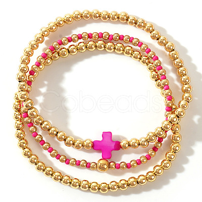 3Pcs Golden Luxury Brass Beaded Gothic Cross Ladies Elastic Bracelet Sets MP9967-1-1