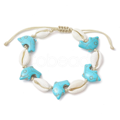 Summer Cowrie Shell & Synthetic Turquoise Braided Bead Bracelets BJEW-JB10370-1