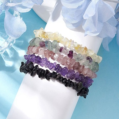 12 Constellation Natural Mixed Gemstone Chip Beaded Stretch Bracelets Sets for Women Men BJEW-JB10264-02-1