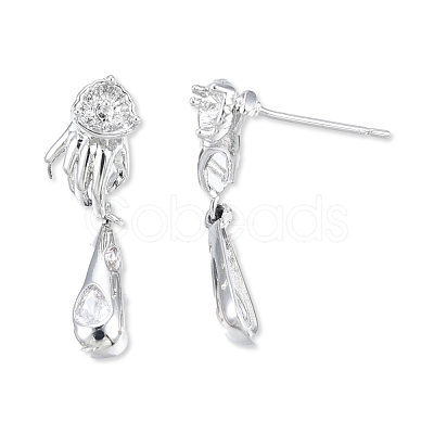 Brass Pave Clear Cubic Zirconia Hand with Teardrop Dangle Stud Earring Findings KK-N232-477P-B-1