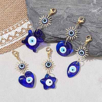 Glass Mixed Shapes with Evil Eye & Brass Sun Pendant Decorations HJEW-JM01522-1