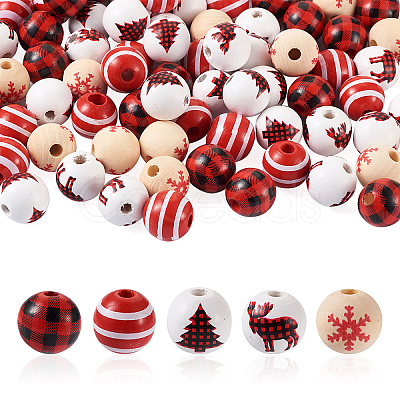 Beadthoven 100Pcs 5 Style Christmas Themed Dyed Natural Wooden Beads WOOD-BT0001-07-1