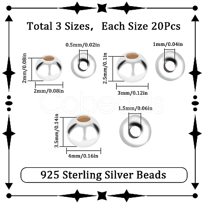 SUNNYCLUE 60Pcs 3 Styles 925 Sterling Silver Beads STER-SC0001-25-1