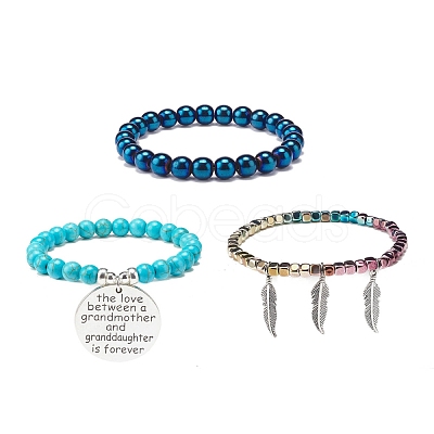 3Pcs 3 Style Synthetic Turquoise(Dyed) & Hematite Stretch Bracelets Set BJEW-JB08589-1