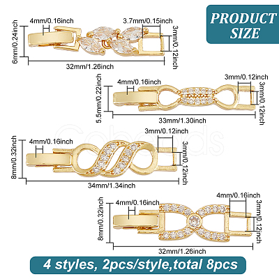 BENECREAT 8Pcs 4 Styles Rack Plating Brass Clear Cubic Zirconia Watch Band Clasps KK-BC0009-76G-1