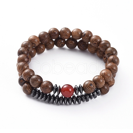 Unisex Wood Beads Stretch Bracelet Sets BJEW-JB04966-02-1