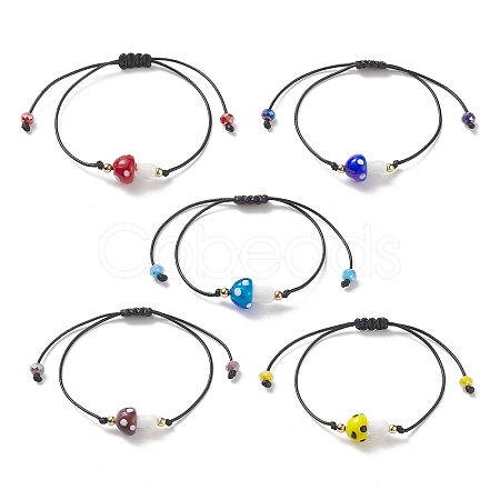 5Pcs 5 Color Lampwork Mushroom Braided Bead Bracelets BJEW-TA00203-1