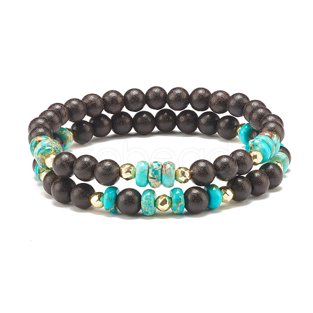 2Pcs 2 Style Natural Ebony Wood & Imperial Jasper Beaded Stretch Bracelets Set BJEW-JB07824-1