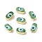 Handmade Evil Eye Lampwork Beads, with Brass Findings, Lead Free & Cadmium Free, Long-Lasting Plated, Oval, Light Green, 14~14.5x7.5~8.5x5.5~6mm, Hole: 0.9~1.4mm