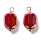 Glass Charms, with Rack Plating Real 18K Gold Plated Brass Loops, Faceted Column, Dark Red, 14.5x7.5mm, Hole: 1.4mm