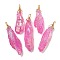 Electroplated Raw Rough Natural Quartz Crystal Big Pendants, Nuggets Charms with Copper Wire Loops, Golden, Hot Pink, 40~48x13~23x10~20mm, Hole: 4.5~5mm