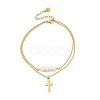 304 Stainless Steel & Plastic Imitaiton Pearl Double Layer Cross Charm Anklets for Women AJEW-A059-01G-01-2