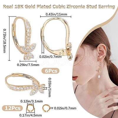 CREATCABIN 6Pcs Brass Cubic Zirconia Leverback Earring Findings KK-CN0002-11-1