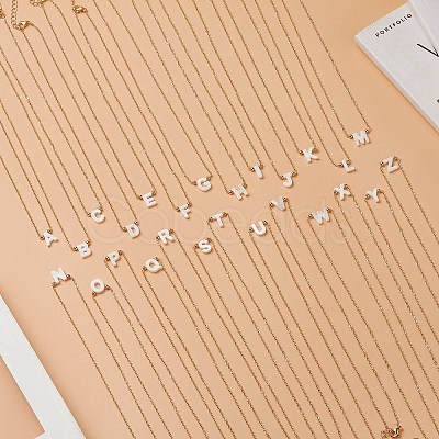 26Pcs 26 Style Alphabet Initial Letter A~Z Natural Cultured Shell Pendant Necklace with Brass Curb Chains for Women NJEW-JN04178-1