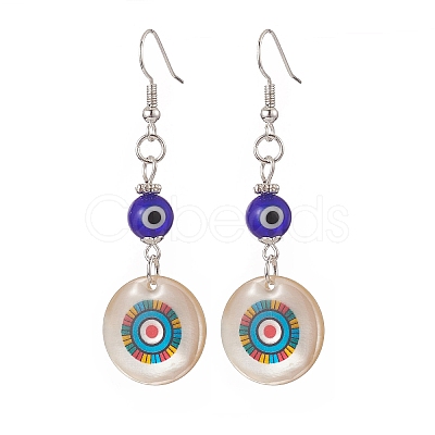 Natural Shell & Resin Evil Eye Dangle Earrings EJEW-JE05223-1