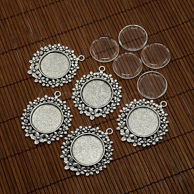 25mm Clear Domed Glass Cabochon Cover and Alloy Flower Blank Settings for DIY Portrait Pendant Making DIY-X0141-AS-NR-1