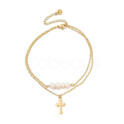 304 Stainless Steel & Plastic Imitaiton Pearl Double Layer Cross Charm Anklets for Women AJEW-A059-01G-01-1