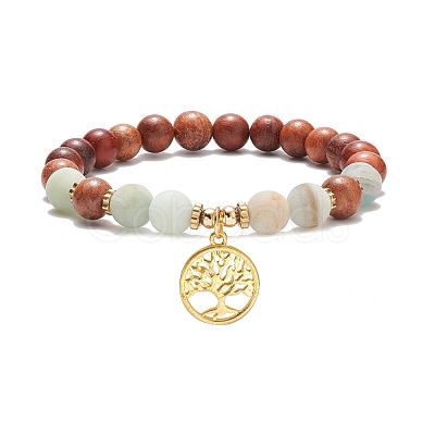 Natural Flower Amazonite & Wood & Synthetic Hematite Stretch Bracelet with Brass Tree of Life BJEW-JB08405-1