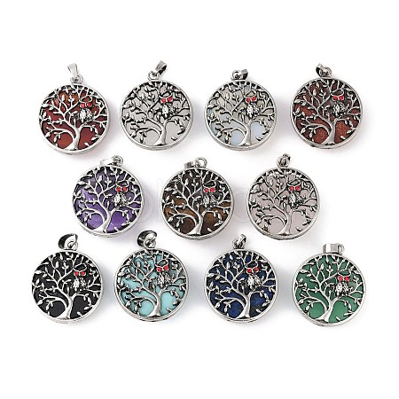 Natural & Synthetic Mixed Gemstone Tree of Life with Owl Pendants G-L524-15AS-1