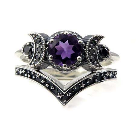 Gothic Purple Crystal Ring with Triple Moon Goddess - Black Diamond Jewelry for Women ST9002173-1