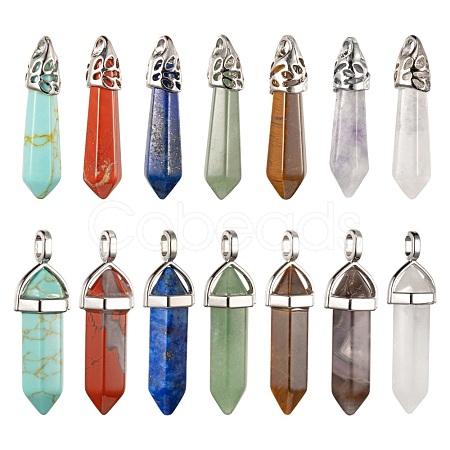 14Pcs 14 Style Chakra Natural & Synthetic Gemstone Pointed Pendants G-LS0001-76-1